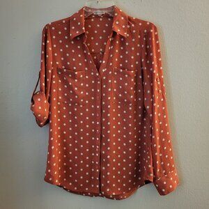Express Medium Pink Rose Polka Dot Roll Tab Sleeve Long Sleeve Blouse Top Career